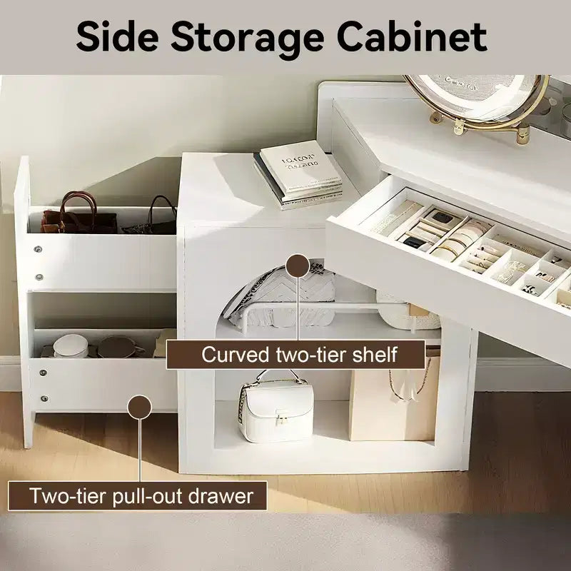 Coiffeuse d'angle Whisen, Ensemble de coiffeuse moderne, Table de maquillage avec miroir, tabouret et grand rangement - Blanc