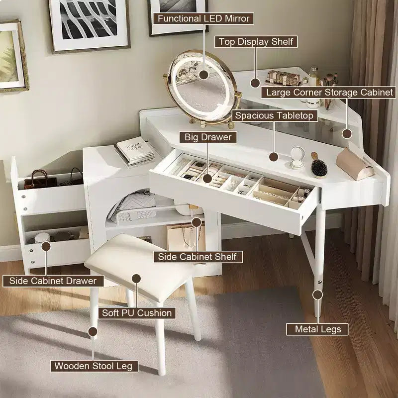 Coiffeuse d'angle Whisen, Ensemble de coiffeuse moderne, Table de maquillage avec miroir, tabouret et grand rangement - Blanc