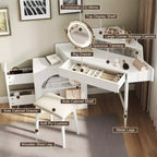 Coiffeuse d'angle Whisen, Ensemble de coiffeuse moderne, Table de maquillage avec miroir, tabouret et grand rangement - Blanc