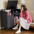 Meuble de rangement pour disques vinyles JVNOXK Eco-Friendly avec prise double, adapté au salon, noir