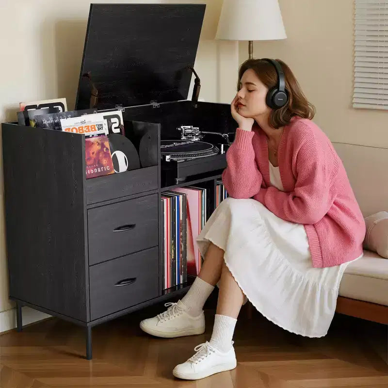 Meuble de rangement pour disques vinyles JVNOXK Eco-Friendly avec prise double, adapté au salon, noir