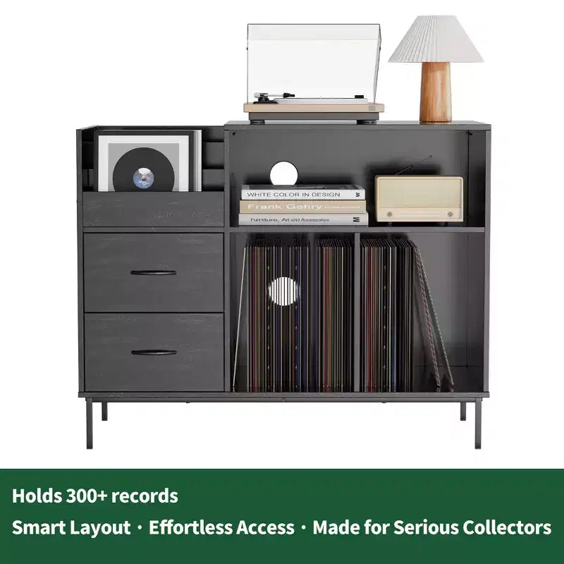 Meuble de rangement pour disques vinyles JVNOXK Eco-Friendly avec prise double, adapté au salon, noir