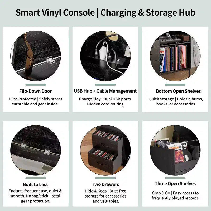 Meuble de rangement pour disques vinyles JVNOXK Eco-Friendly avec prise double, adapté au salon, noir