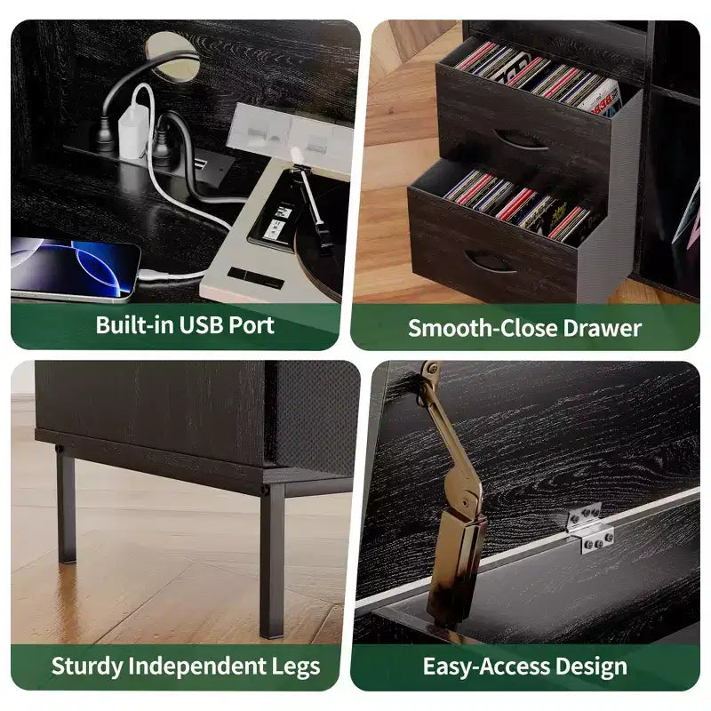 Meuble de rangement pour disques vinyles JVNOXK Eco-Friendly avec prise double, adapté au salon, noir