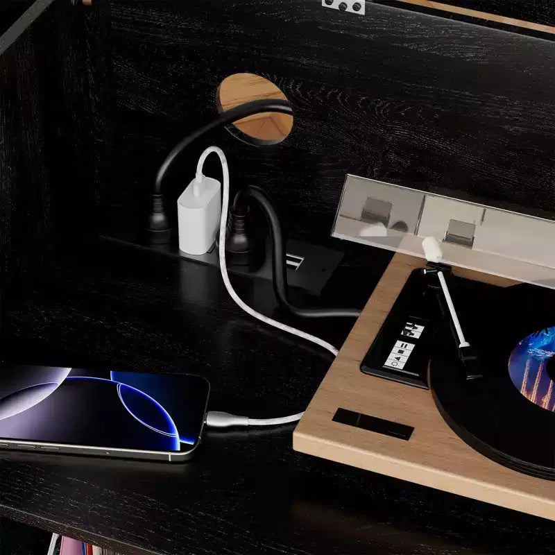 Meuble de rangement pour disques vinyles JVNOXK Eco-Friendly avec prise double, adapté au salon, noir