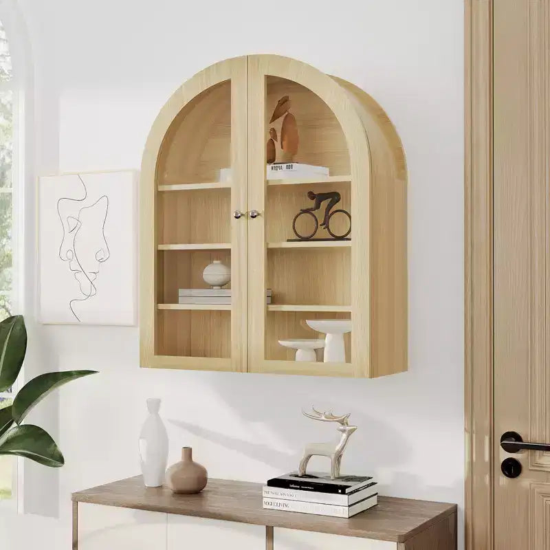 Armoire murale de salle de bain arquée, armoire de rangement pour médicaments en bois de style ferme, à fixer au mur, avec portes en acrylique et étagères réglables pour cuisine, buanderie