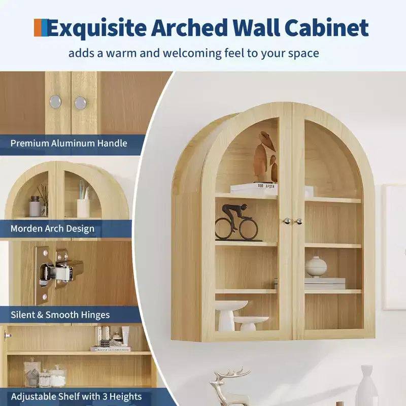 Armoire murale de salle de bain arquée, armoire de rangement pour médicaments en bois de style ferme, à fixer au mur, avec portes en acrylique et étagères réglables pour cuisine, buanderie