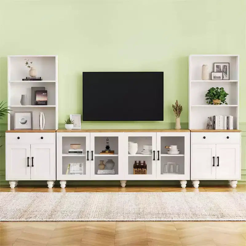Meuble TV de ferme pour téléviseur de 70 pouces, meuble de divertissement avec étagères, portes en verre texturé, pieds en calebasse