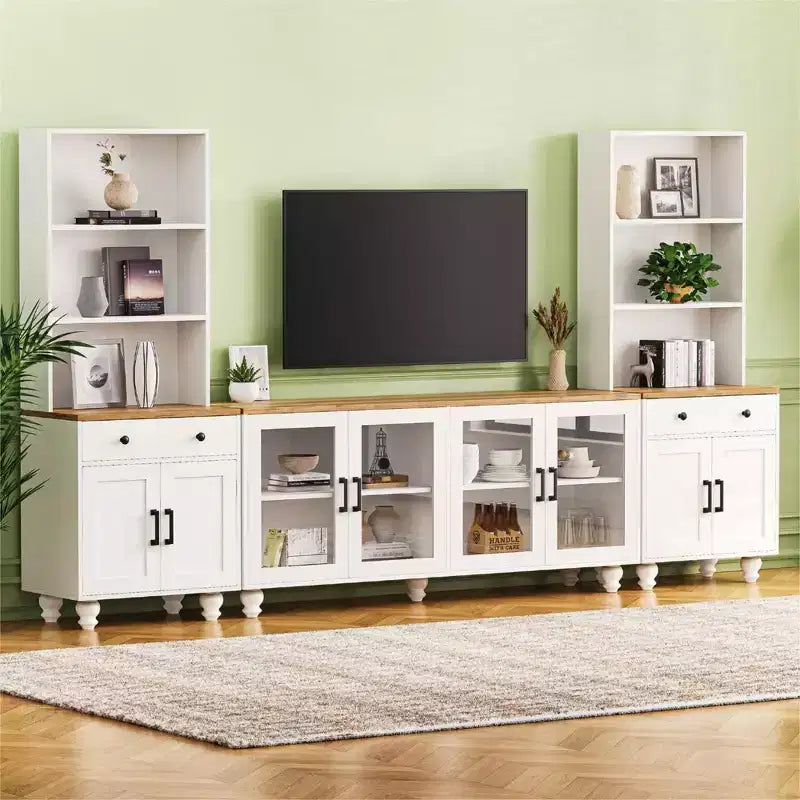 Meuble TV de ferme pour téléviseur de 70 pouces, meuble de divertissement avec étagères, portes en verre texturé, pieds en calebasse