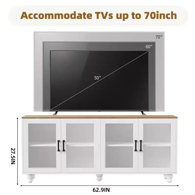 Meuble TV de ferme pour téléviseur de 70 pouces, meuble de divertissement avec étagères, portes en verre texturé, pieds en calebasse