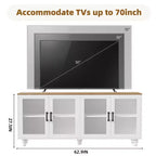 Meuble TV de ferme pour téléviseur de 70 pouces, meuble de divertissement avec étagères, portes en verre texturé, pieds en calebasse