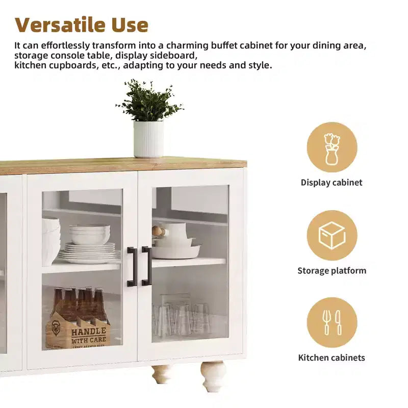 Meuble TV de ferme pour téléviseur de 70 pouces, meuble de divertissement avec étagères, portes en verre texturé, pieds en calebasse
