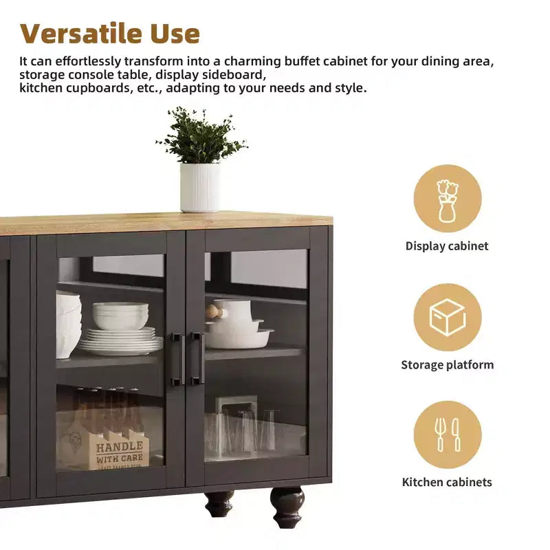 Meuble TV de ferme pour téléviseur de 70 pouces, meuble de divertissement avec étagères, portes en verre texturé, pieds en calebasse