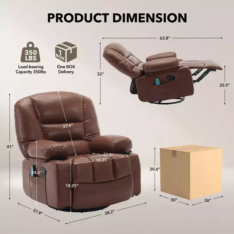 Fauteuil inclinable de massage pour adultes, fauteuil à bascule pivotant à 360° avec fonction massage et chauffage, fauteuil inclinable avec rangement et porte-gobelet