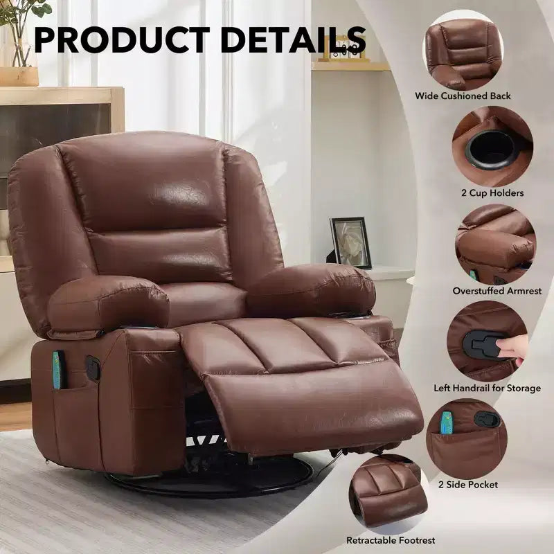 Fauteuil inclinable de massage pour adultes, fauteuil à bascule pivotant à 360° avec fonction massage et chauffage, fauteuil inclinable avec rangement et porte-gobelet