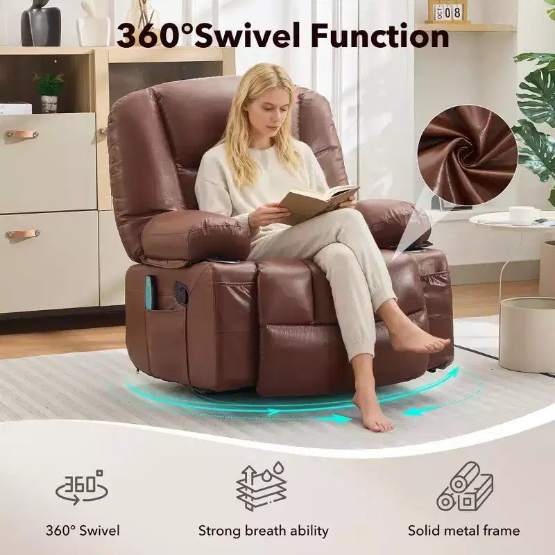 Fauteuil inclinable de massage pour adultes, fauteuil à bascule pivotant à 360° avec fonction massage et chauffage, fauteuil inclinable avec rangement et porte-gobelet