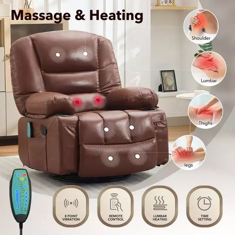 Fauteuil inclinable de massage pour adultes, fauteuil à bascule pivotant à 360° avec fonction massage et chauffage, fauteuil inclinable avec rangement et porte-gobelet