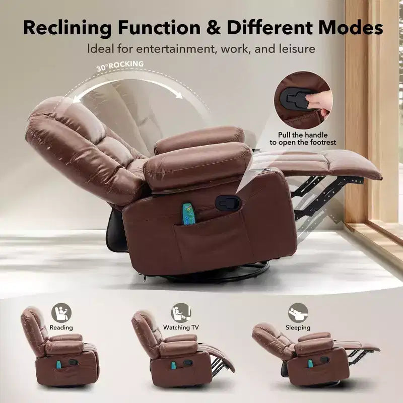 Fauteuil inclinable de massage pour adultes, fauteuil à bascule pivotant à 360° avec fonction massage et chauffage, fauteuil inclinable avec rangement et porte-gobelet