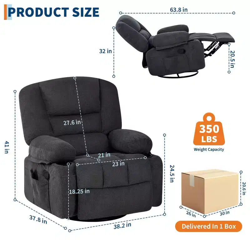 Fauteuil inclinable de massage pour adultes, fauteuil à bascule pivotant à 360° avec fonction massage et chauffage, fauteuil inclinable avec rangement et porte-gobelet