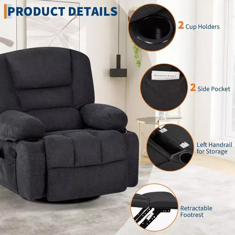 Fauteuil inclinable de massage pour adultes, fauteuil à bascule pivotant à 360° avec fonction massage et chauffage, fauteuil inclinable avec rangement et porte-gobelet