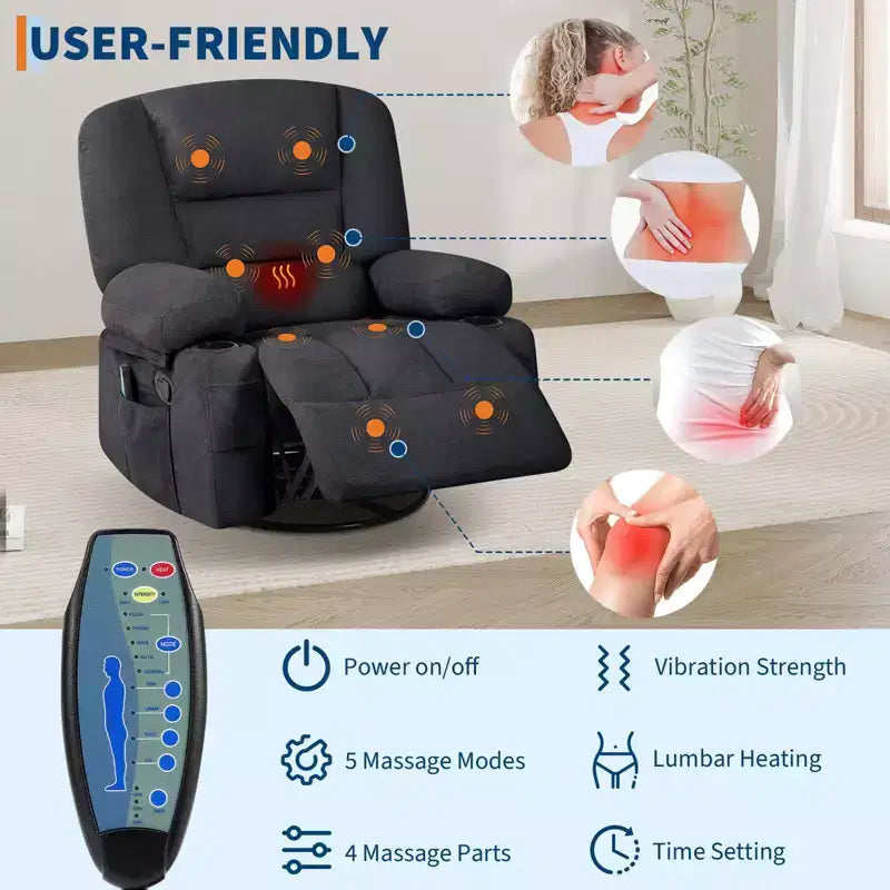 Fauteuil inclinable de massage pour adultes, fauteuil à bascule pivotant à 360° avec fonction massage et chauffage, fauteuil inclinable avec rangement et porte-gobelet