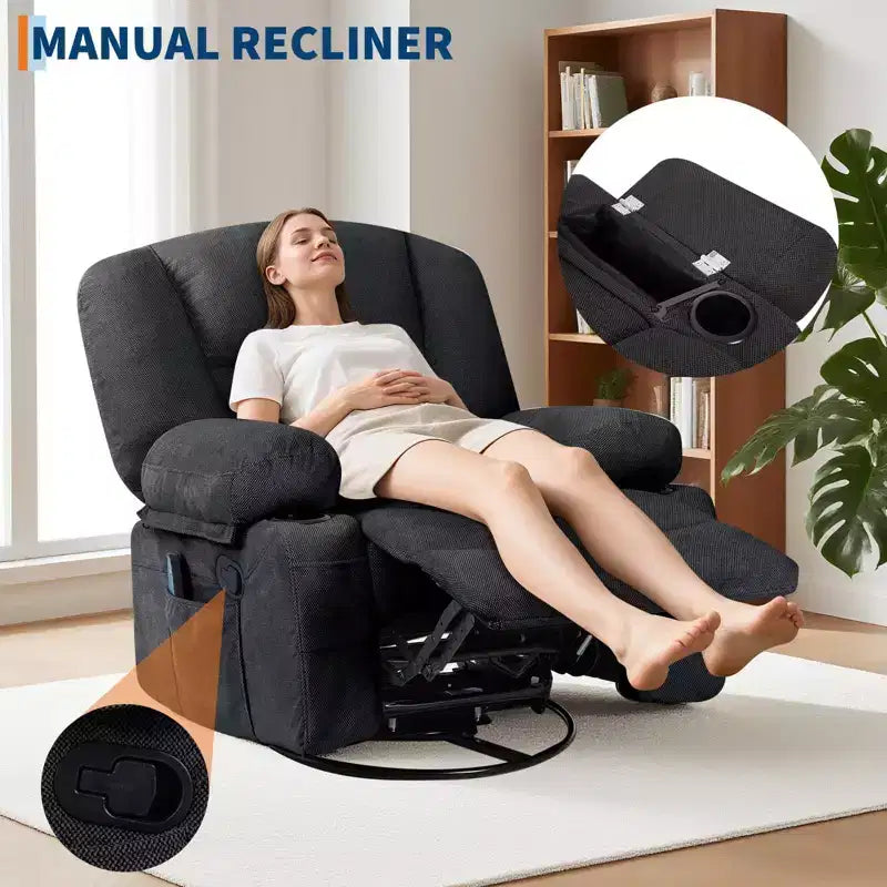 Fauteuil inclinable de massage pour adultes, fauteuil à bascule pivotant à 360° avec fonction massage et chauffage, fauteuil inclinable avec rangement et porte-gobelet