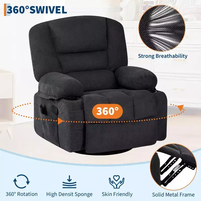 Fauteuil inclinable de massage pour adultes, fauteuil à bascule pivotant à 360° avec fonction massage et chauffage, fauteuil inclinable avec rangement et porte-gobelet