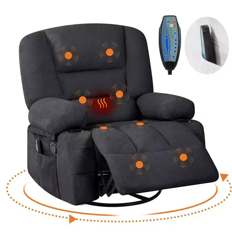 Fauteuil inclinable de massage pour adultes, fauteuil à bascule pivotant à 360° avec fonction massage et chauffage, fauteuil inclinable avec rangement et porte-gobelet