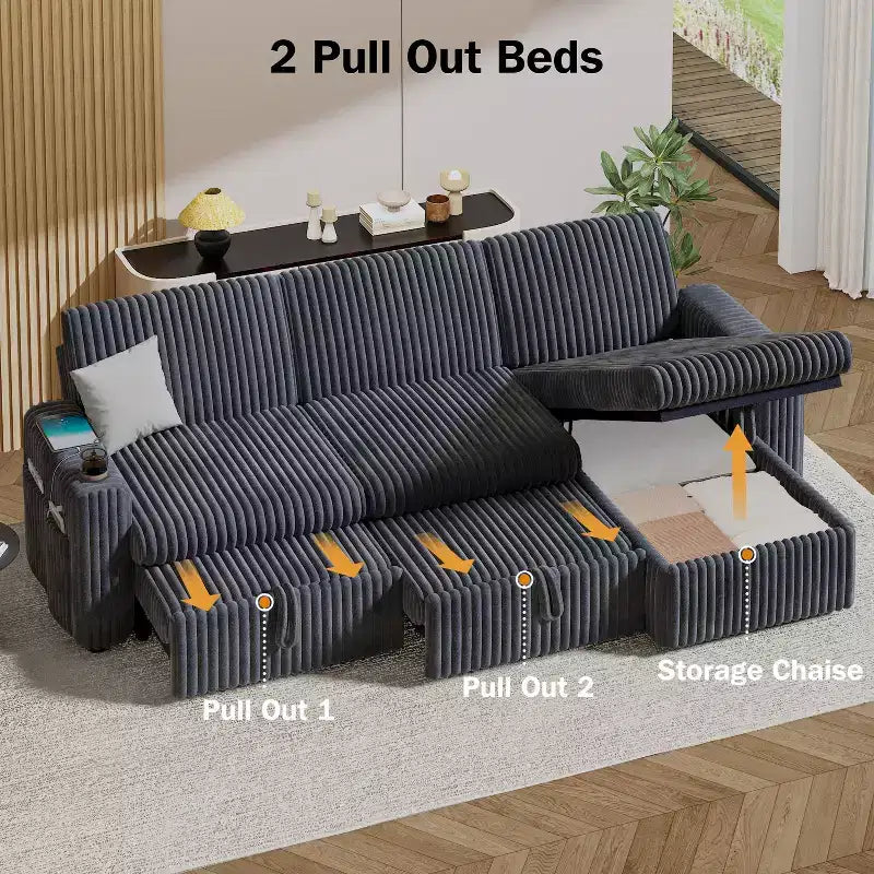 Canapé convertible modulaire Dyonery avec lit escamotable, convertible avec méridienne de rangement et poche latérale, pour salon ou appartement