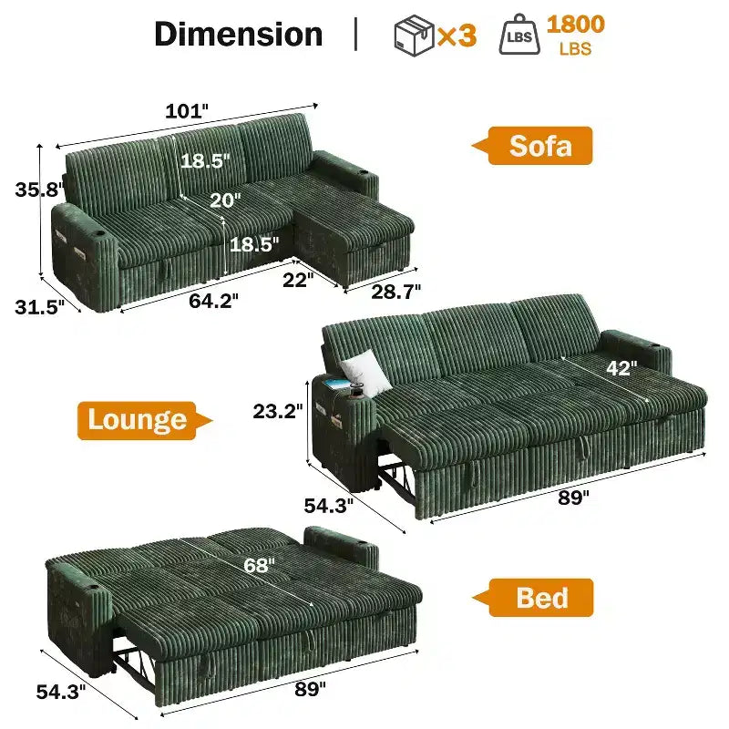 Canapé convertible modulaire Dyonery avec lit escamotable, convertible avec méridienne de rangement et poche latérale, pour salon ou appartement