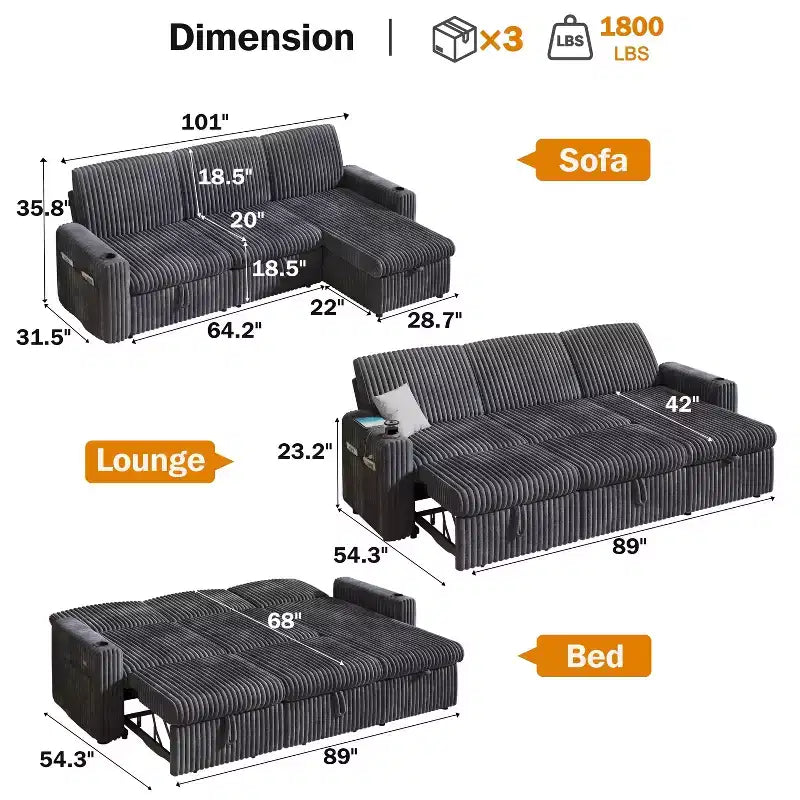 Canapé convertible modulaire Dyonery avec lit escamotable, convertible avec méridienne de rangement et poche latérale, pour salon ou appartement