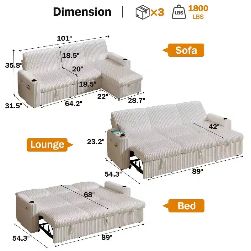 Canapé convertible modulaire Dyonery avec lit escamotable, convertible avec méridienne de rangement et poche latérale, pour salon ou appartement
