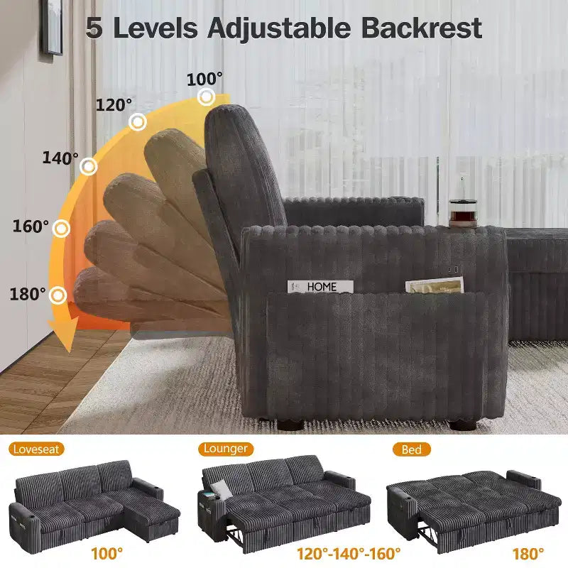 Canapé convertible modulaire Dyonery avec lit escamotable, convertible avec méridienne de rangement et poche latérale, pour salon ou appartement