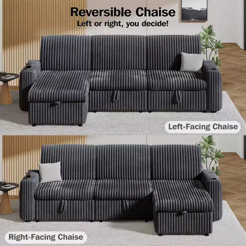 Canapé convertible modulaire Dyonery avec lit escamotable, convertible avec méridienne de rangement et poche latérale, pour salon ou appartement