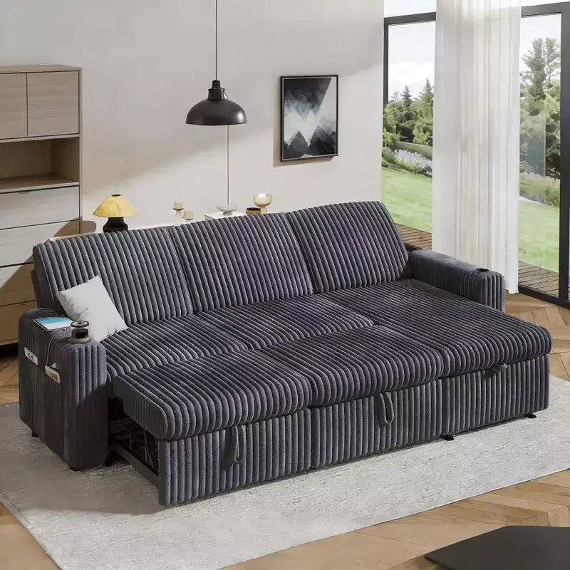 Canapé convertible modulaire Dyonery avec lit escamotable, convertible avec méridienne de rangement et poche latérale, pour salon ou appartement