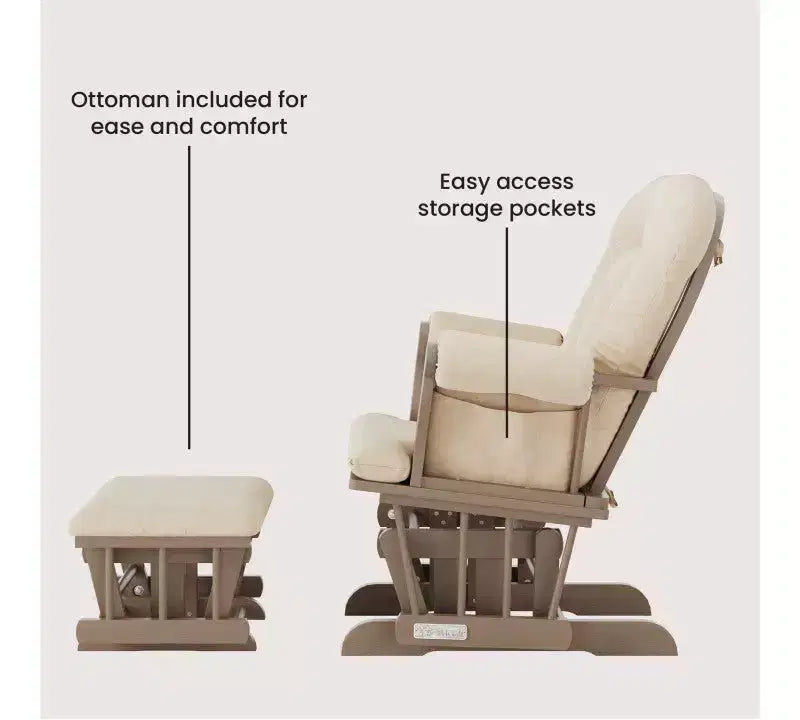 Ensemble fauteuil à bascule et pouf Child Craft Cozy Glider, coussin rembourré avec poches de rangement pratiques, base et cadre en bois massif