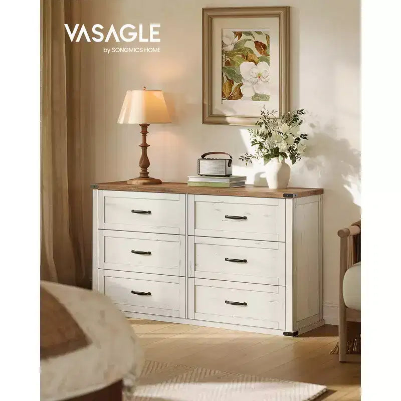VASAGLE Collection LIRY - Commode 6 tiroirs, bahut de style rustique moderne de 137 cm de large avec poignées métalliques, meuble TV, anti-basculement