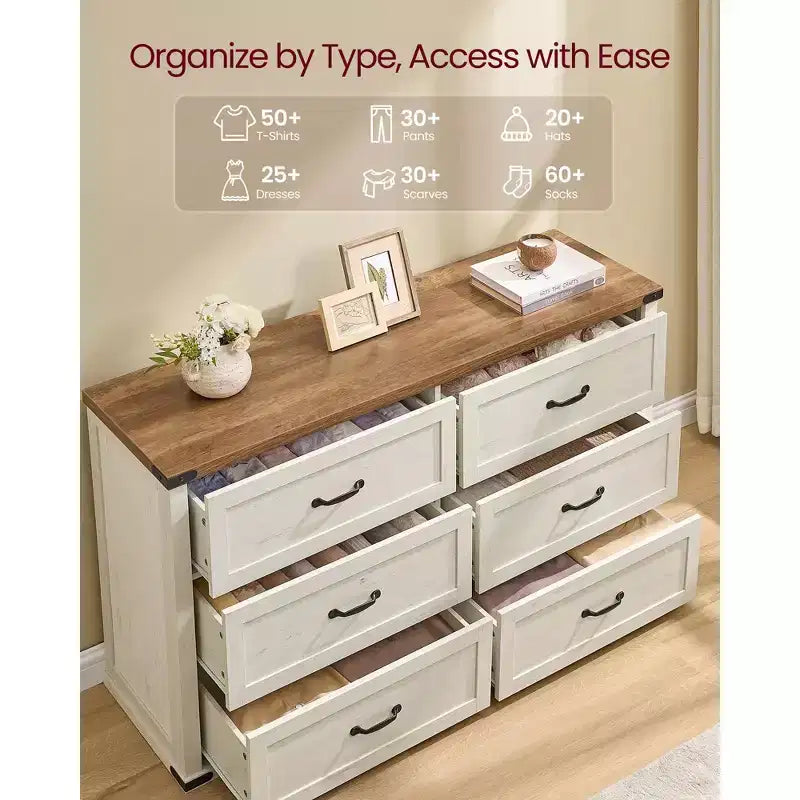 VASAGLE Collection LIRY - Commode 6 tiroirs, bahut de style rustique moderne de 137 cm de large avec poignées métalliques, meuble TV, anti-basculement