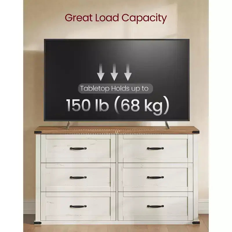 VASAGLE Collection LIRY - Commode 6 tiroirs, bahut de style rustique moderne de 137 cm de large avec poignées métalliques, meuble TV, anti-basculement