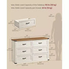 VASAGLE Collection LIRY - Commode 6 tiroirs, bahut de style rustique moderne de 137 cm de large avec poignées métalliques, meuble TV, anti-basculement
