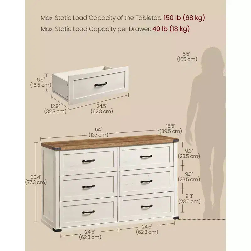 VASAGLE Collection LIRY - Commode 6 tiroirs, bahut de style rustique moderne de 137 cm de large avec poignées métalliques, meuble TV, anti-basculement