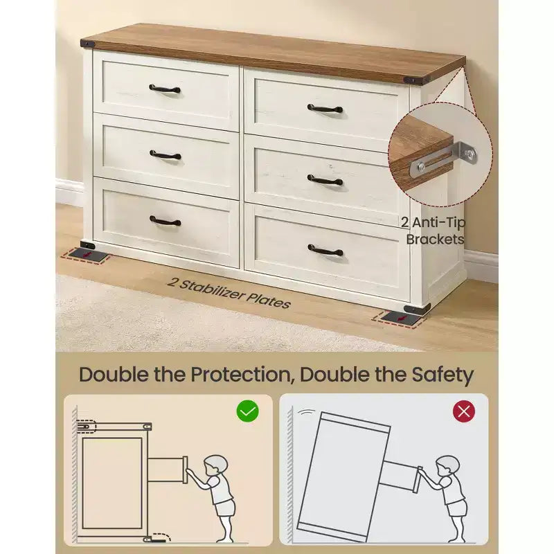VASAGLE Collection LIRY - Commode 6 tiroirs, bahut de style rustique moderne de 137 cm de large avec poignées métalliques, meuble TV, anti-basculement