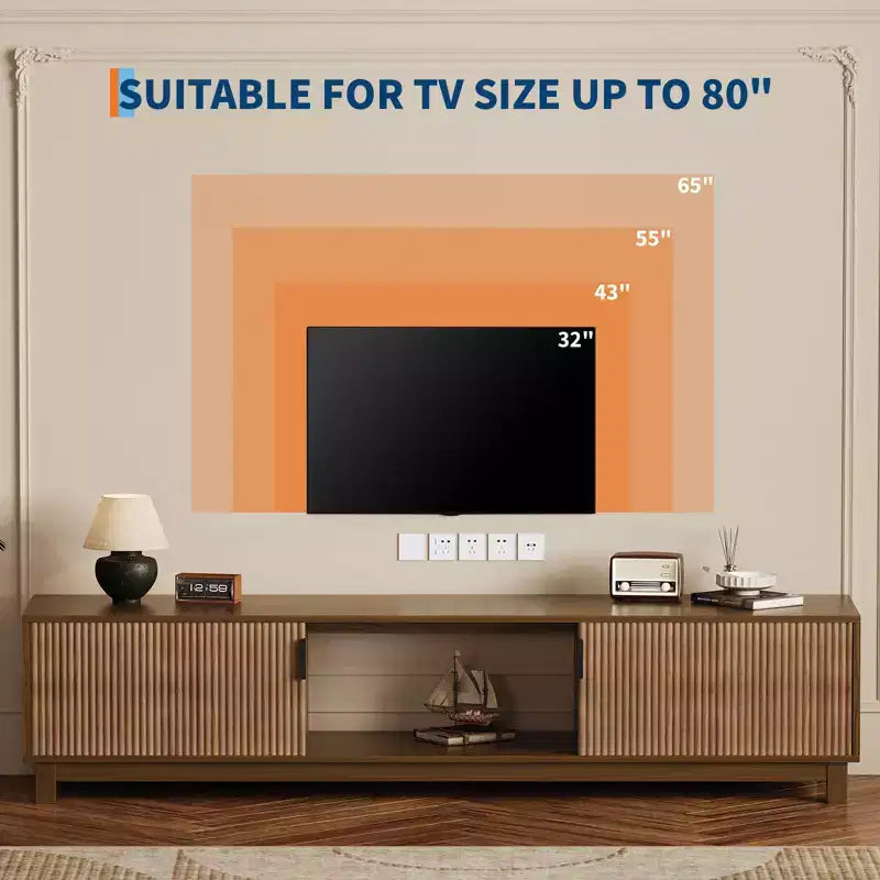 Meuble TV bas Mid-Century Modern, console TV cannelée de 70 pouces de long avec étagère de rangement ouverte pour salon, meuble de divertissement en bois