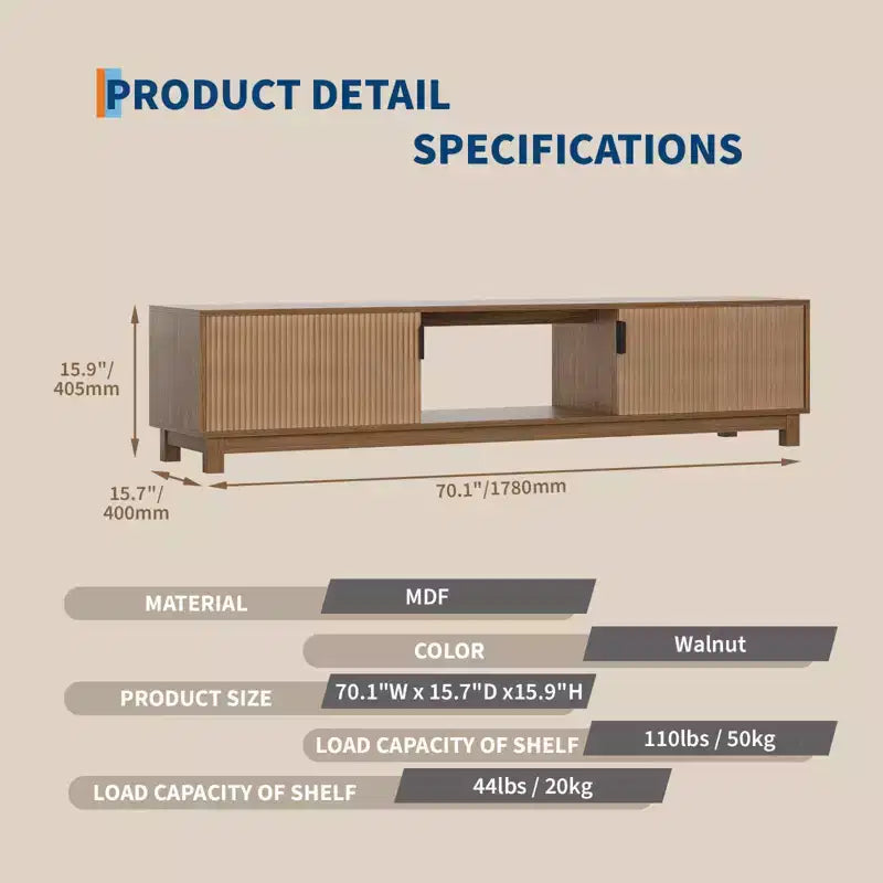 Meuble TV bas Mid-Century Modern, console TV cannelée de 70 pouces de long avec étagère de rangement ouverte pour salon, meuble de divertissement en bois