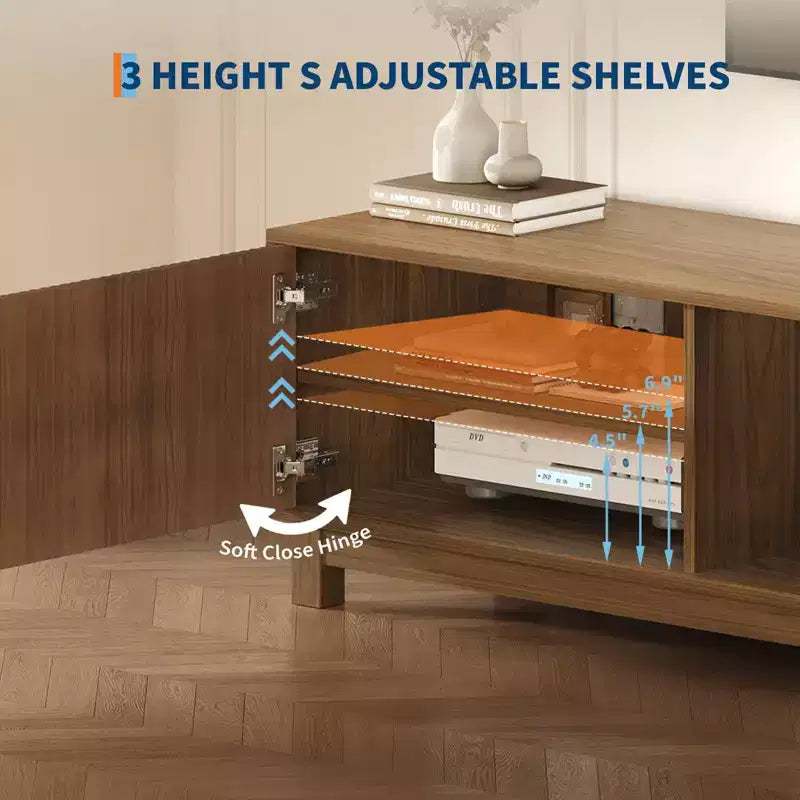 Meuble TV bas Mid-Century Modern, console TV cannelée de 70 pouces de long avec étagère de rangement ouverte pour salon, meuble de divertissement en bois