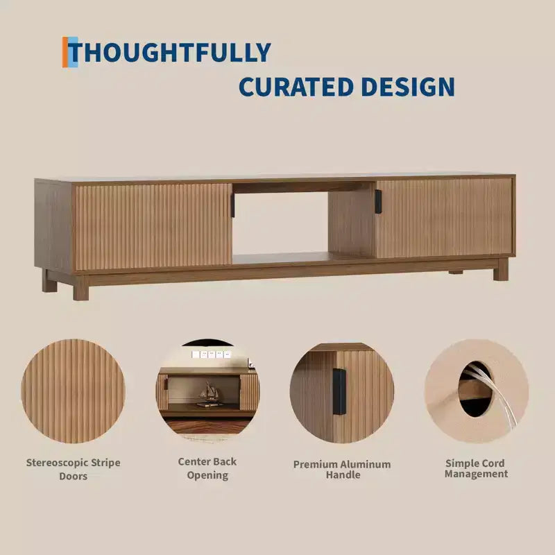 Meuble TV bas Mid-Century Modern, console TV cannelée de 70 pouces de long avec étagère de rangement ouverte pour salon, meuble de divertissement en bois