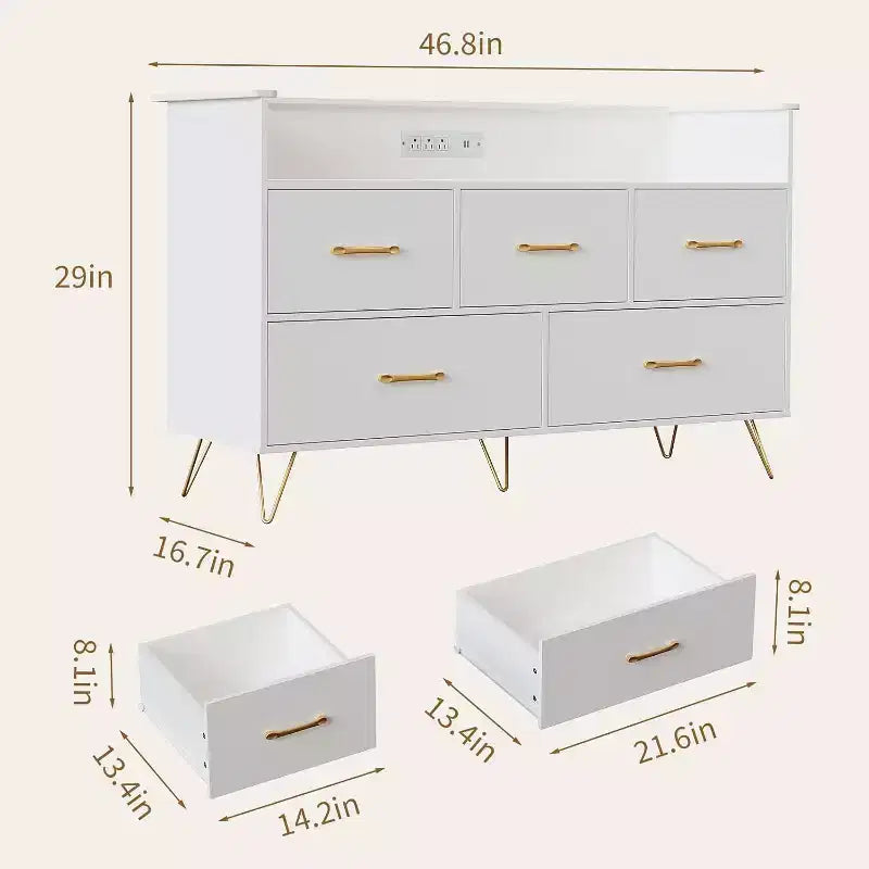 Commode LED avec station de recharge - Commode en bois moderne à 5 tiroirs de 119 cm de large, organisateur de rangement pour chambre à coucher, chambre de bébé, couloir et appartements
