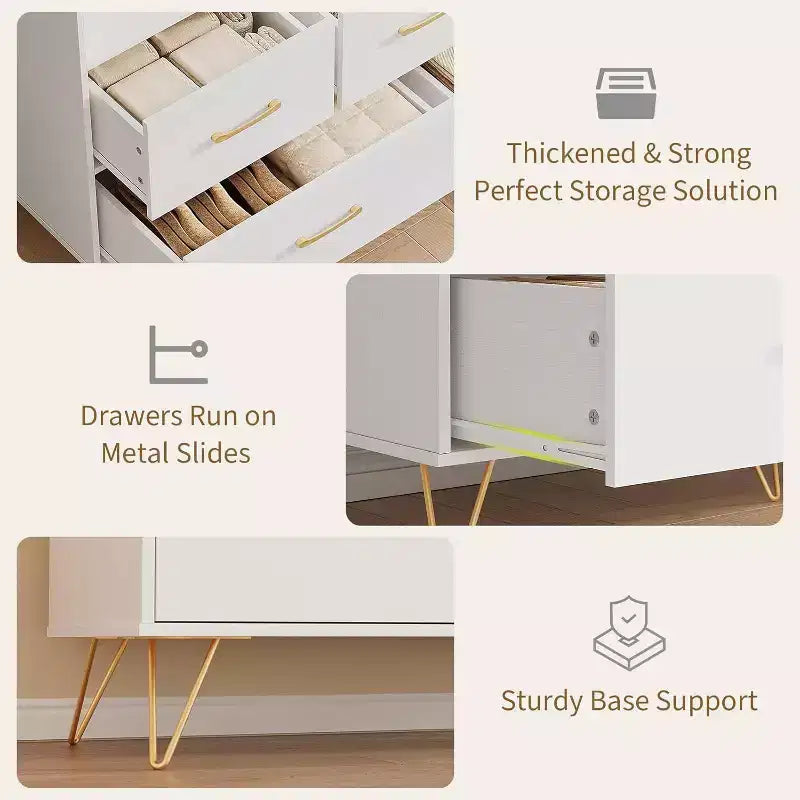 Commode LED avec station de recharge - Commode en bois moderne à 5 tiroirs de 119 cm de large, organisateur de rangement pour chambre à coucher, chambre de bébé, couloir et appartements