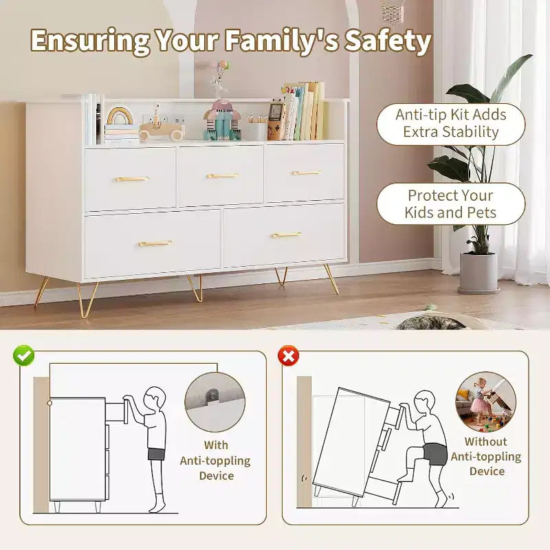 Commode LED avec station de recharge - Commode en bois moderne à 5 tiroirs de 119 cm de large, organisateur de rangement pour chambre à coucher, chambre de bébé, couloir et appartements
