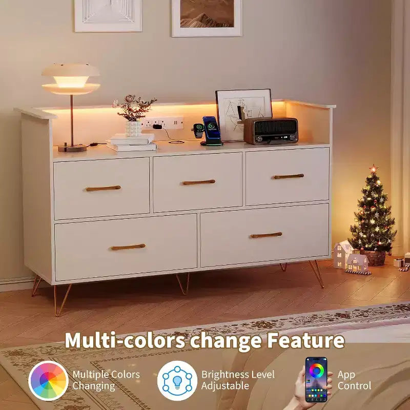 Commode LED avec station de recharge - Commode en bois moderne à 5 tiroirs de 119 cm de large, organisateur de rangement pour chambre à coucher, chambre de bébé, couloir et appartements